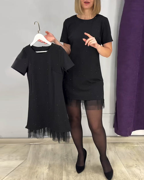 Robe À Manches Courtes En Patchwork De Strass