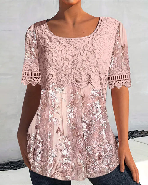T-shirt Large Col Manches Courtes Dentelle Patchwork