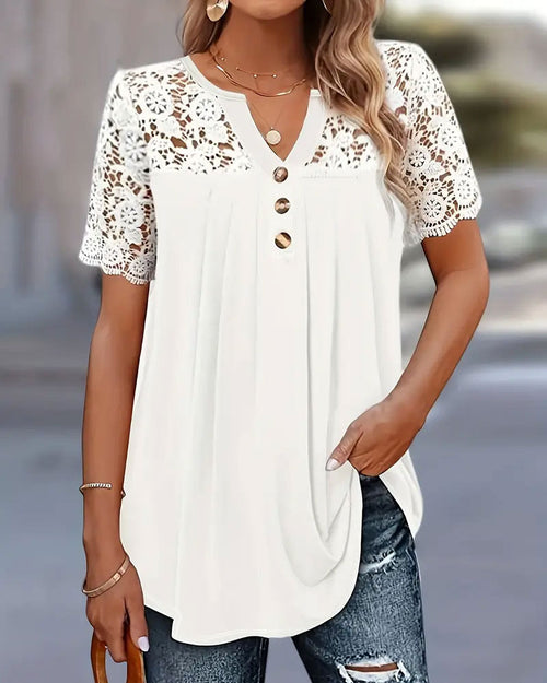 T-Shirt Creux Dentelle Patchwork Plissé