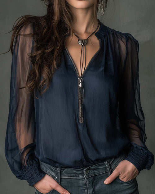 Blouse Demi-zippé Maille Manches-longues