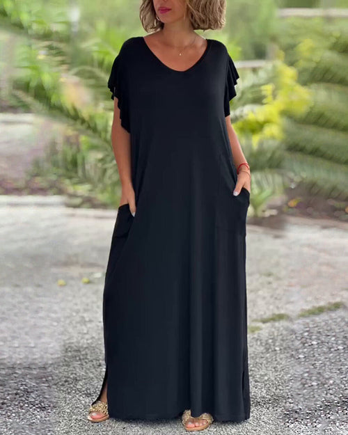 Robe longue de couleur unie avec poche et manche courte