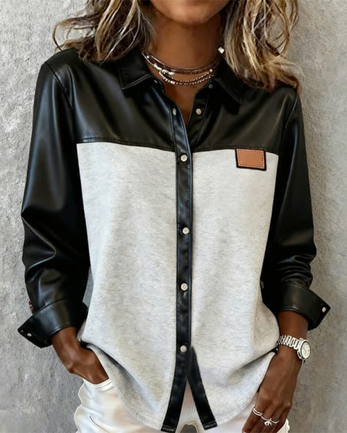 Chemise En Cuir Patchwork À Revers