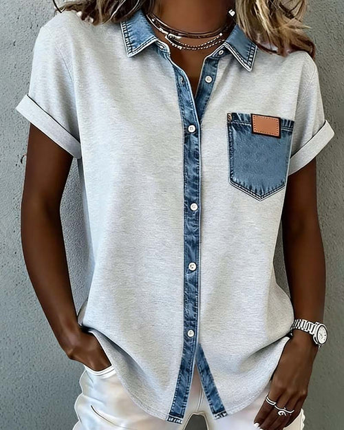 T-Shirt Denim Patchwork Col Retourné