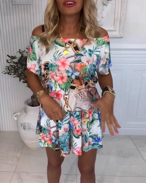 Jumpsuit avec Motifs de Plantes et de Fleurs, Style Épaules Nues