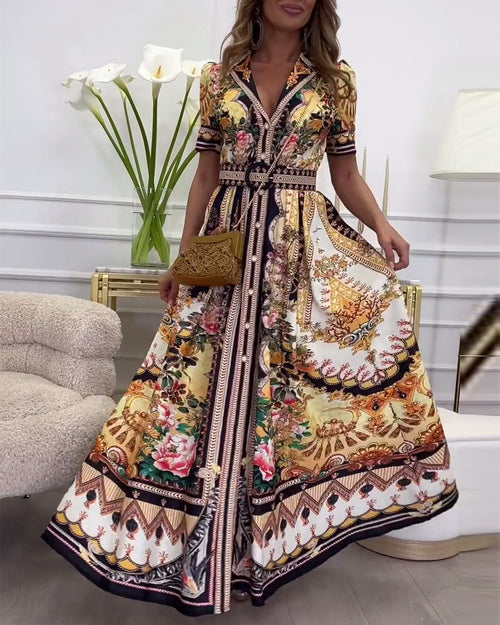 Robe longue à manches courtes et revers imprimé rétro