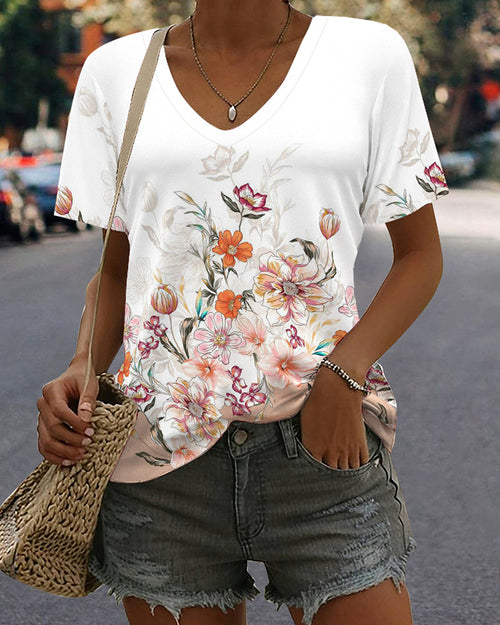 T-Shirt Imprimé Col En V Décontracté Manches Courtes