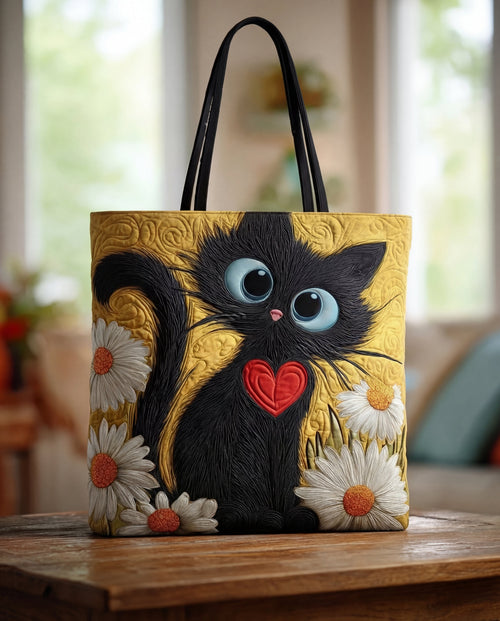 Sac à main artisanal “Chat Noir avec Cœur et Marguerites”